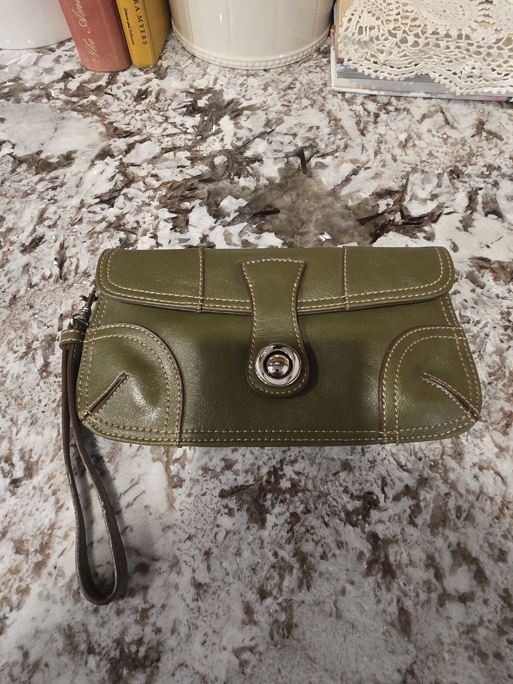 Olive Green Leather Wristlet Clutch